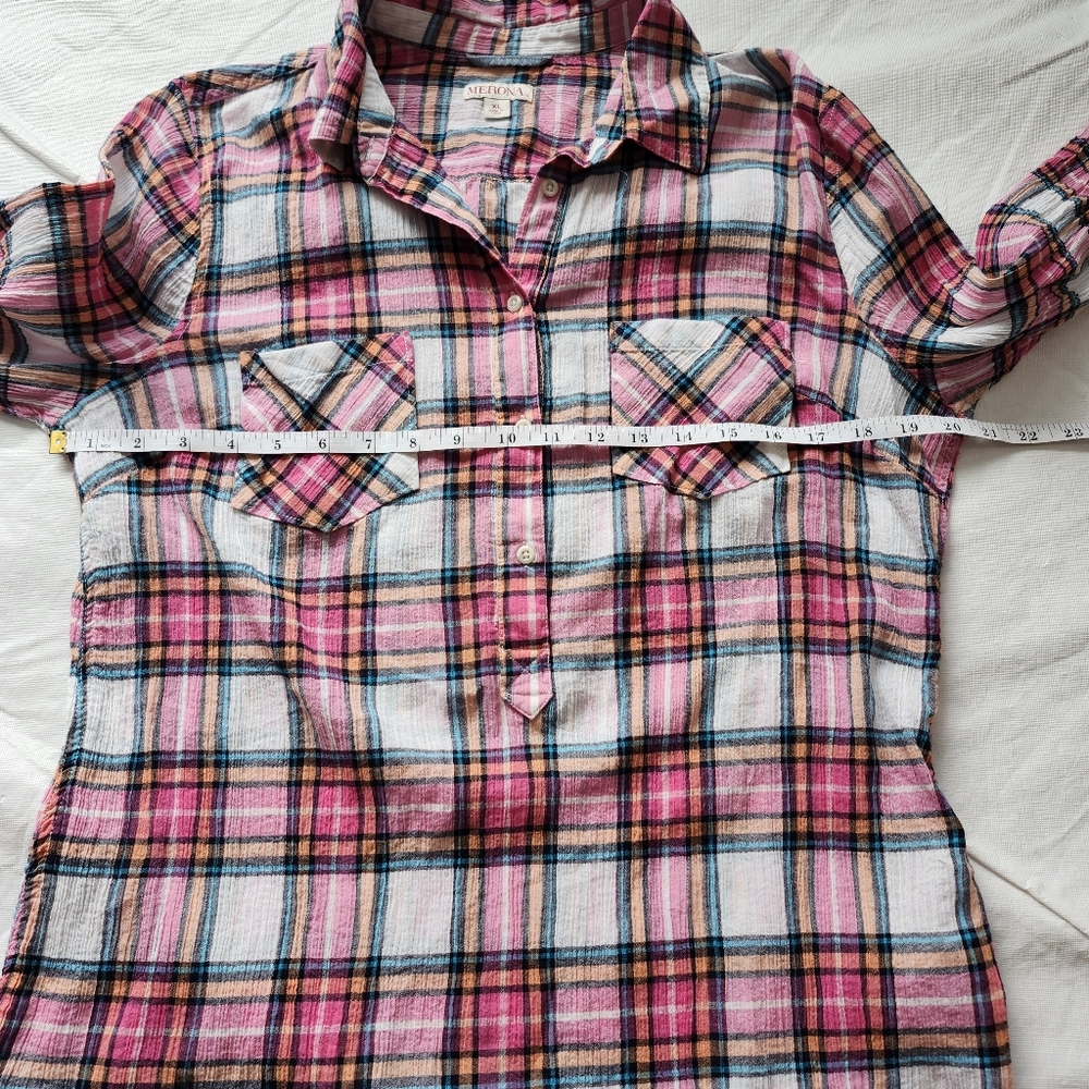 Merona Size XL Pink Plaid Half Button-Up Shirt - Picture 5 of 8